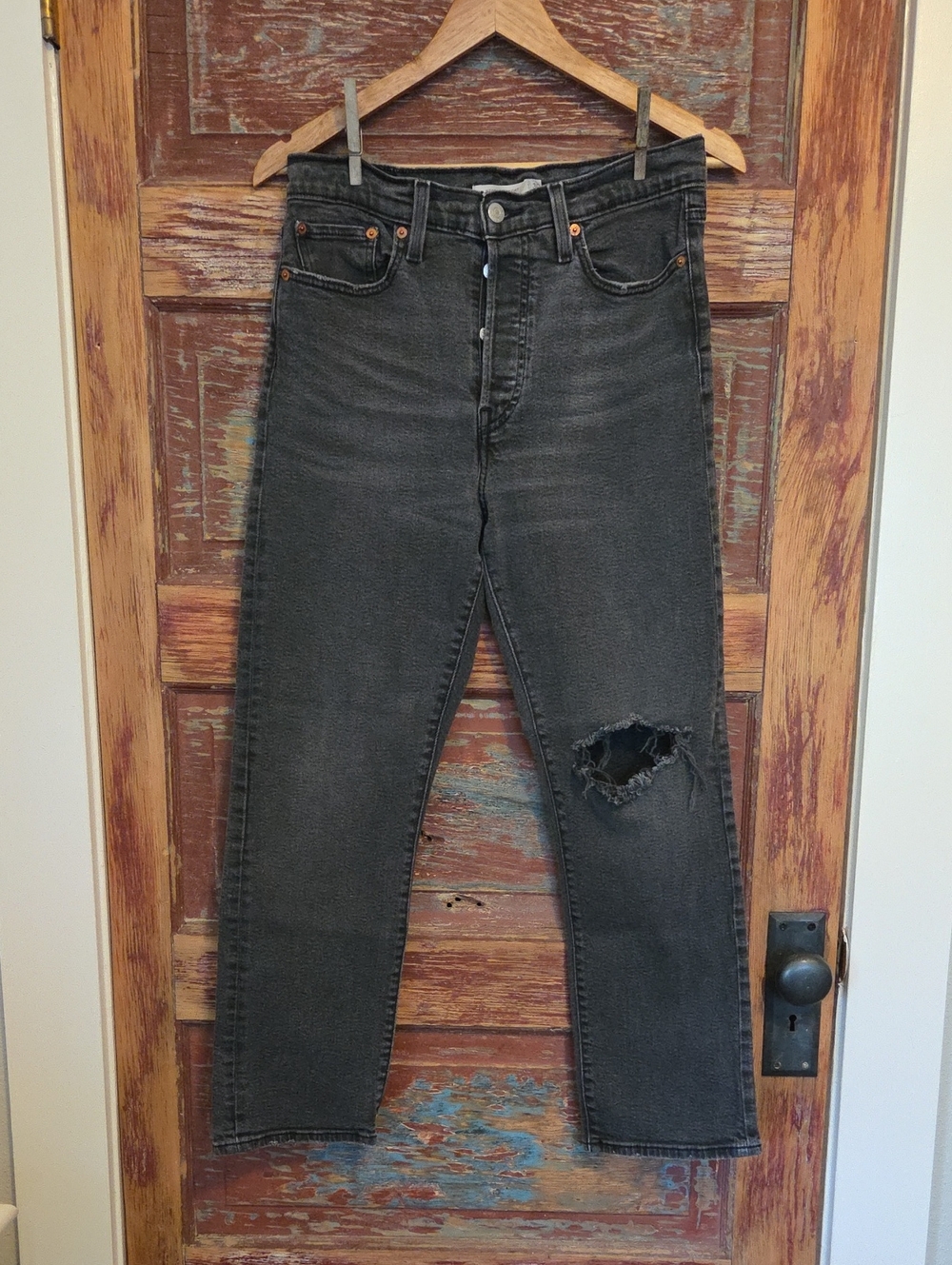 Levi's High Rise Distressed Semi-Stretch Black Jeans With Button Fly